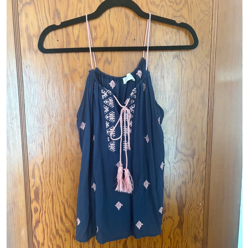 Altar'd State Blue Pink Embroidered Boho Tassel Tank Top Cami Medium